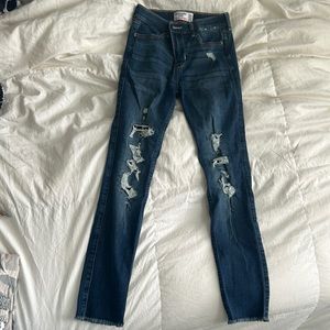 dark blue high rise jean leggings with rips from abercrombie kids